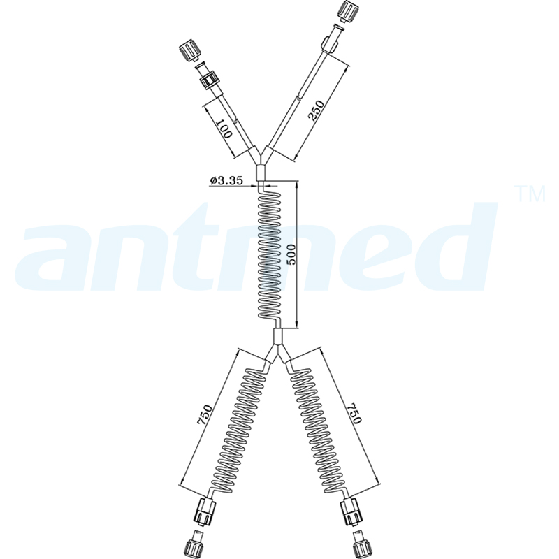 600107 Tub în Y spiralat CT de 150 cm cu supape unice de reținere utilizate pentru injectoare CT